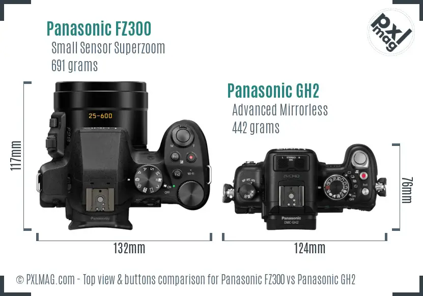 Panasonic FZ300 vs Panasonic GH2 top view buttons comparison