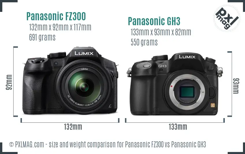 Panasonic FZ300 vs Panasonic GH3 size comparison