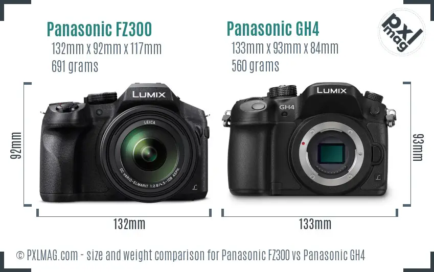 Panasonic FZ300 vs Panasonic GH4 size comparison