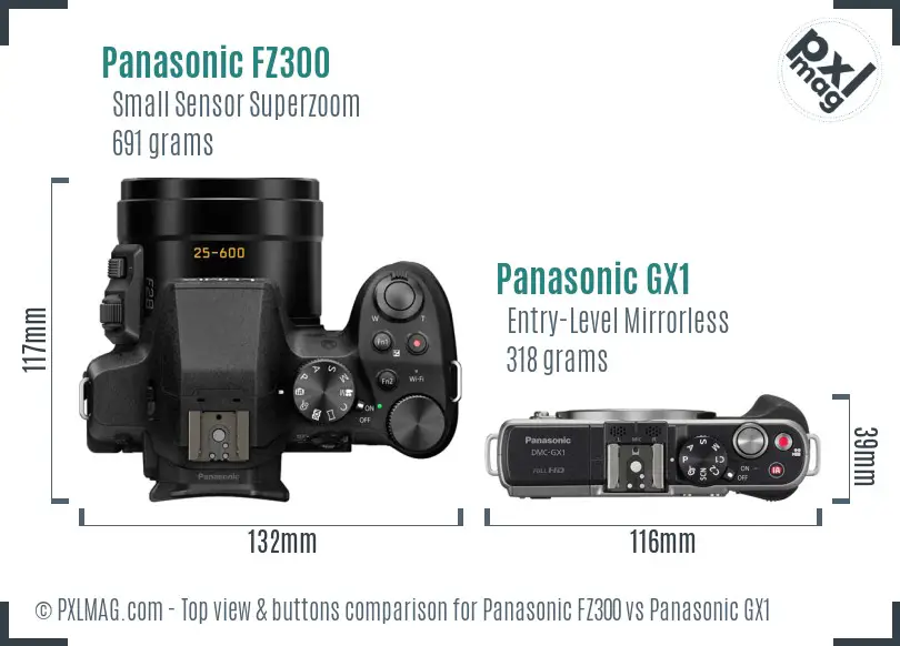 Panasonic FZ300 vs Panasonic GX1 top view buttons comparison