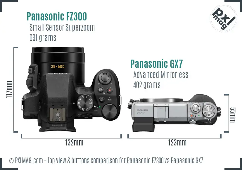 Panasonic FZ300 vs Panasonic GX7 top view buttons comparison