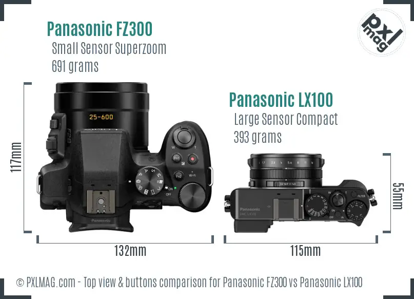 Panasonic FZ300 vs Panasonic LX100 top view buttons comparison