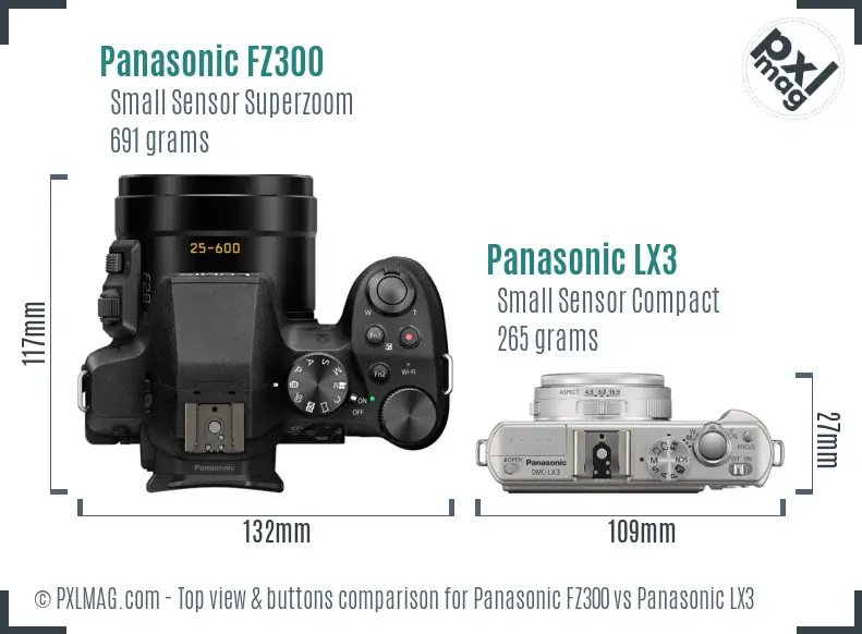 Panasonic FZ300 vs Panasonic LX3 top view buttons comparison