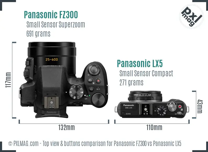 Panasonic FZ300 vs Panasonic LX5 top view buttons comparison
