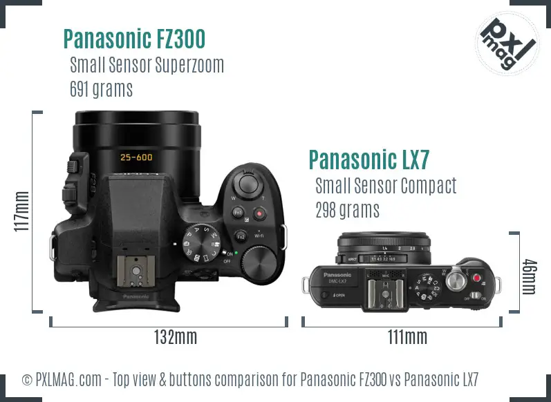 Panasonic FZ300 vs Panasonic LX7 top view buttons comparison