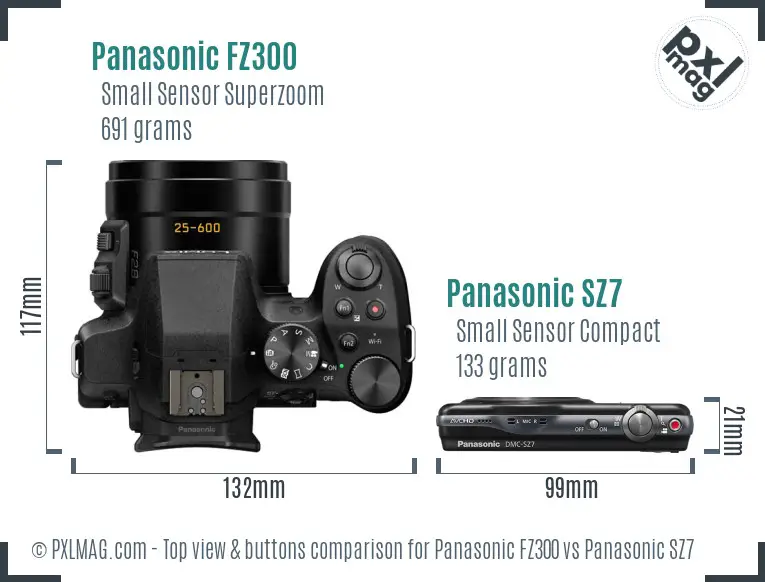 Panasonic FZ300 vs Panasonic SZ7 top view buttons comparison