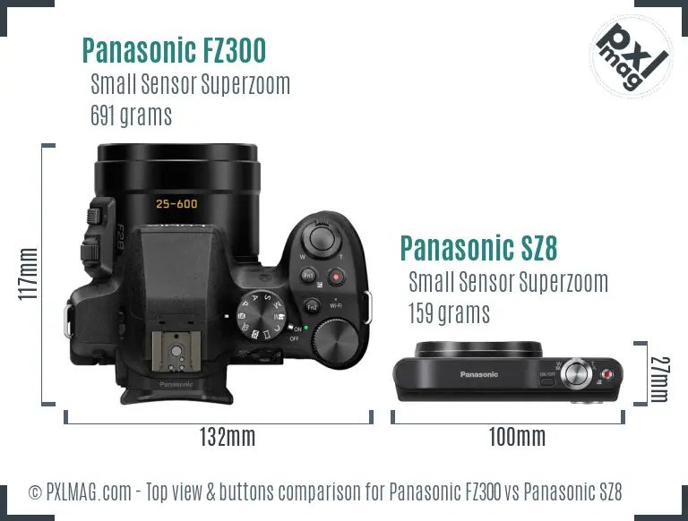 Panasonic FZ300 vs Panasonic SZ8 top view buttons comparison
