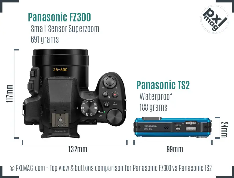 Panasonic FZ300 vs Panasonic TS2 top view buttons comparison