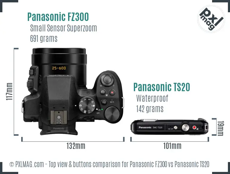 Panasonic FZ300 vs Panasonic TS20 top view buttons comparison