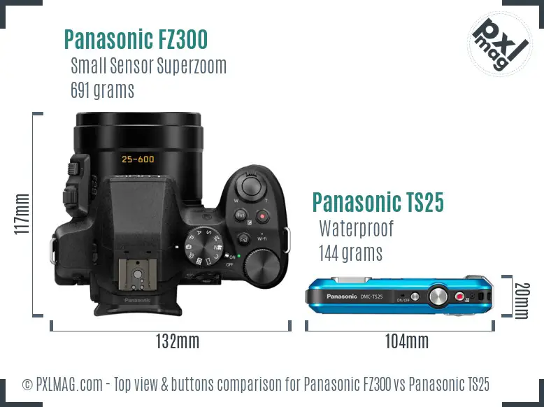 Panasonic FZ300 vs Panasonic TS25 top view buttons comparison