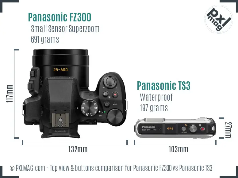 Panasonic FZ300 vs Panasonic TS3 top view buttons comparison
