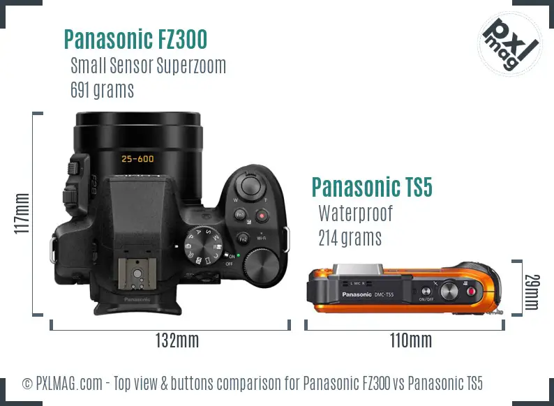 Panasonic FZ300 vs Panasonic TS5 top view buttons comparison