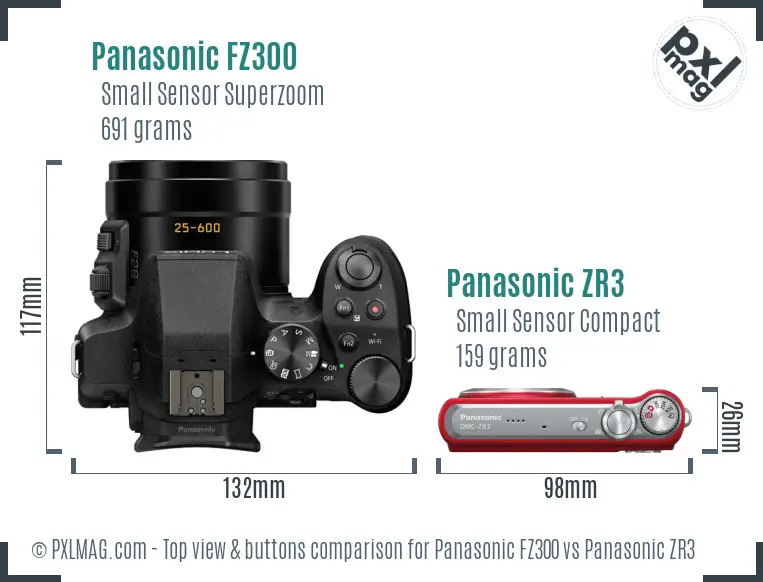 Panasonic FZ300 vs Panasonic ZR3 top view buttons comparison