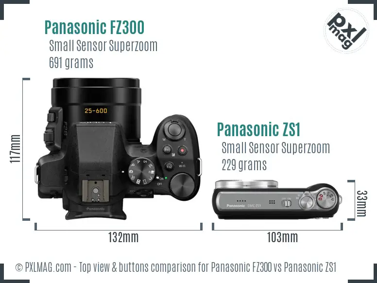 Panasonic FZ300 vs Panasonic ZS1 top view buttons comparison