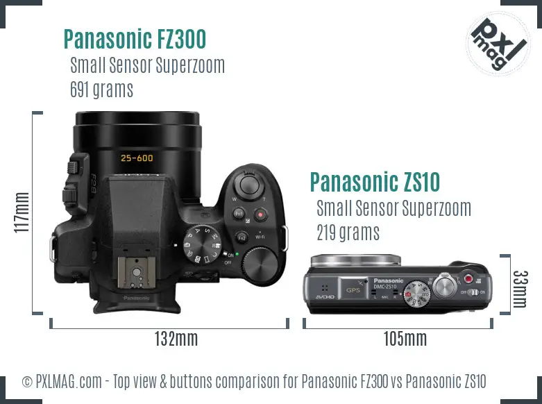 Panasonic FZ300 vs Panasonic ZS10 top view buttons comparison