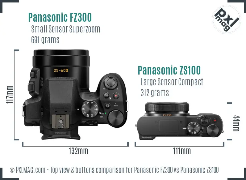 Panasonic FZ300 vs Panasonic ZS100 top view buttons comparison
