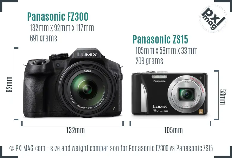 Panasonic FZ300 vs Panasonic ZS15 size comparison