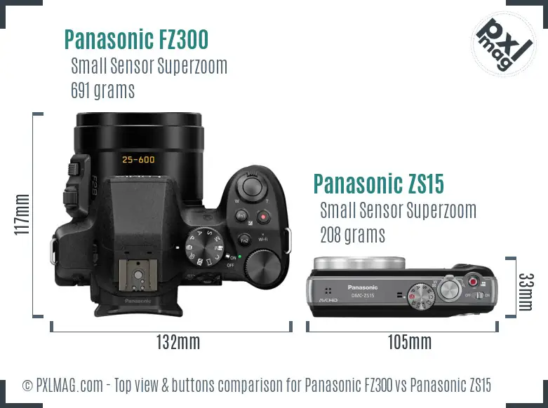 Panasonic FZ300 vs Panasonic ZS15 top view buttons comparison