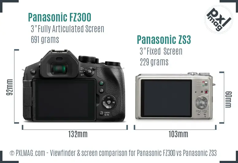 Panasonic FZ300 vs Panasonic ZS3 Screen and Viewfinder comparison