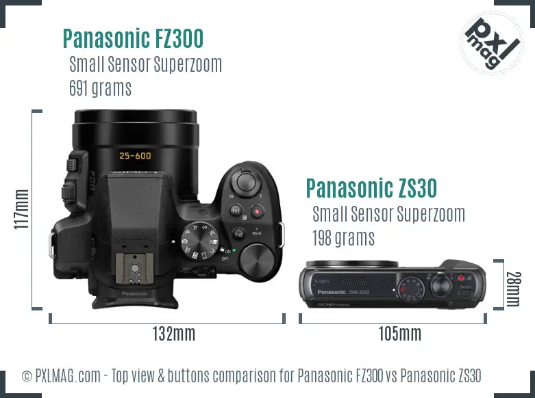 Panasonic FZ300 vs Panasonic ZS30 top view buttons comparison