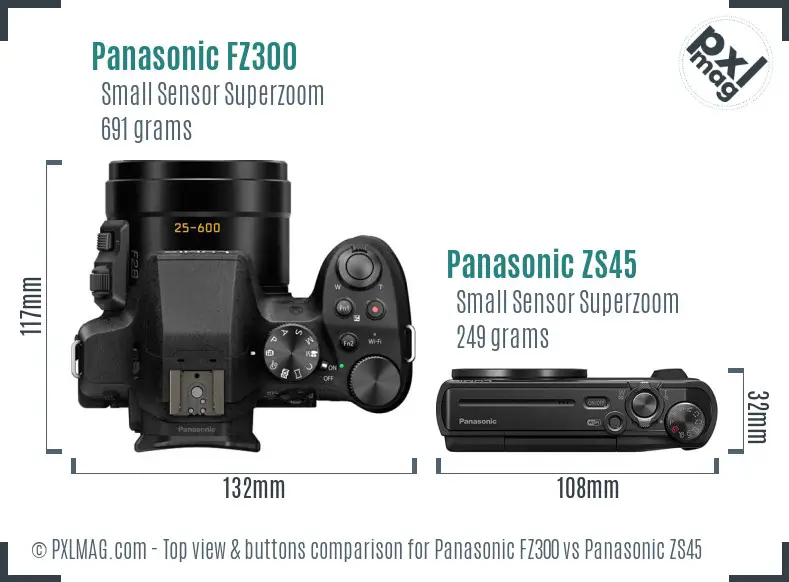 Panasonic FZ300 vs Panasonic ZS45 top view buttons comparison