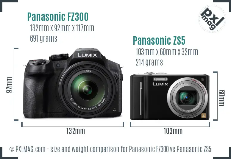 Panasonic FZ300 vs Panasonic ZS5 size comparison