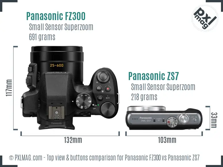 Panasonic FZ300 vs Panasonic ZS7 top view buttons comparison
