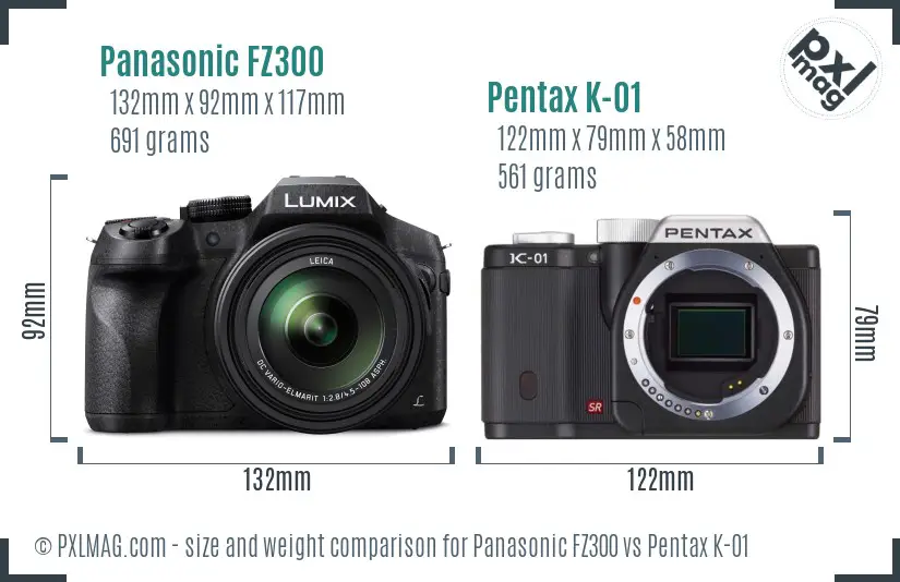Panasonic FZ300 vs Pentax K-01 size comparison