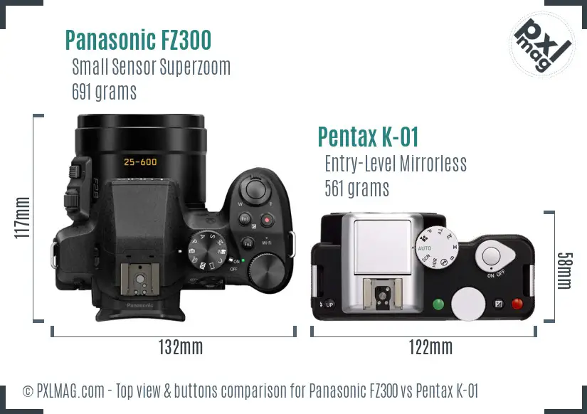 Panasonic FZ300 vs Pentax K-01 top view buttons comparison