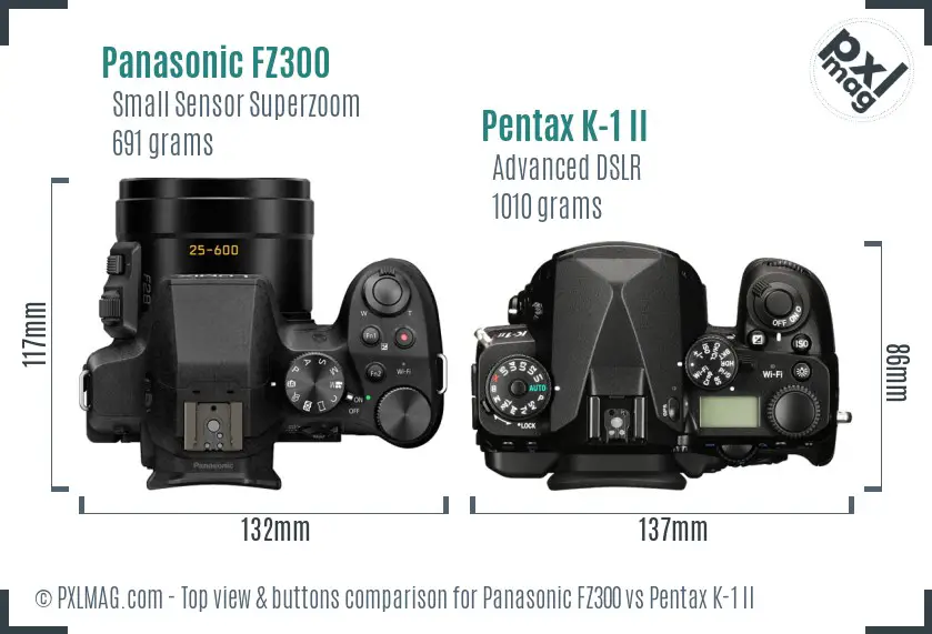 Panasonic FZ300 vs Pentax K-1 II top view buttons comparison