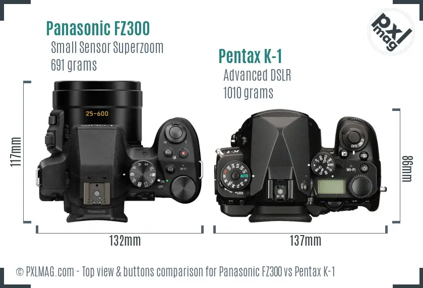 Panasonic FZ300 vs Pentax K-1 top view buttons comparison