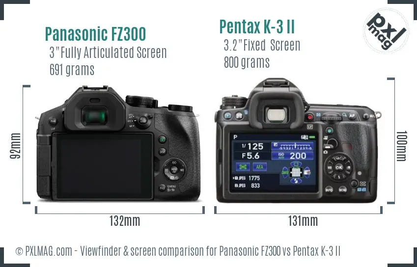 Panasonic FZ300 vs Pentax K-3 II Screen and Viewfinder comparison