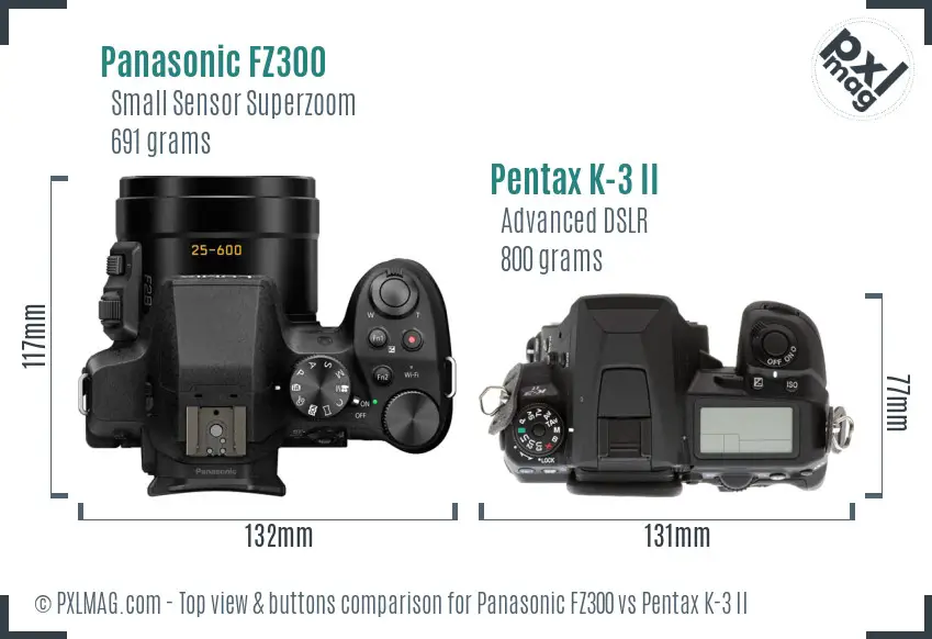 Panasonic FZ300 vs Pentax K-3 II top view buttons comparison