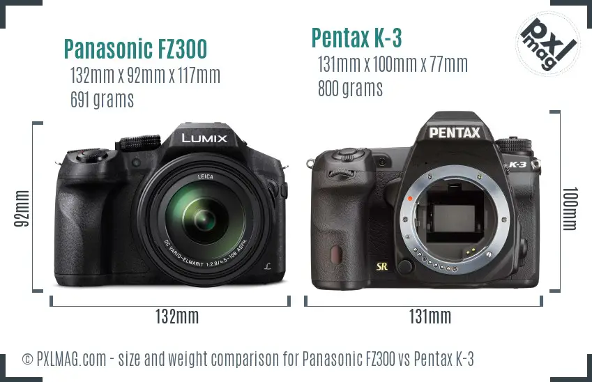 Panasonic FZ300 vs Pentax K-3 size comparison