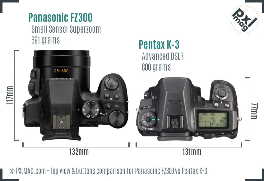 Panasonic FZ300 vs Pentax K-3 top view buttons comparison