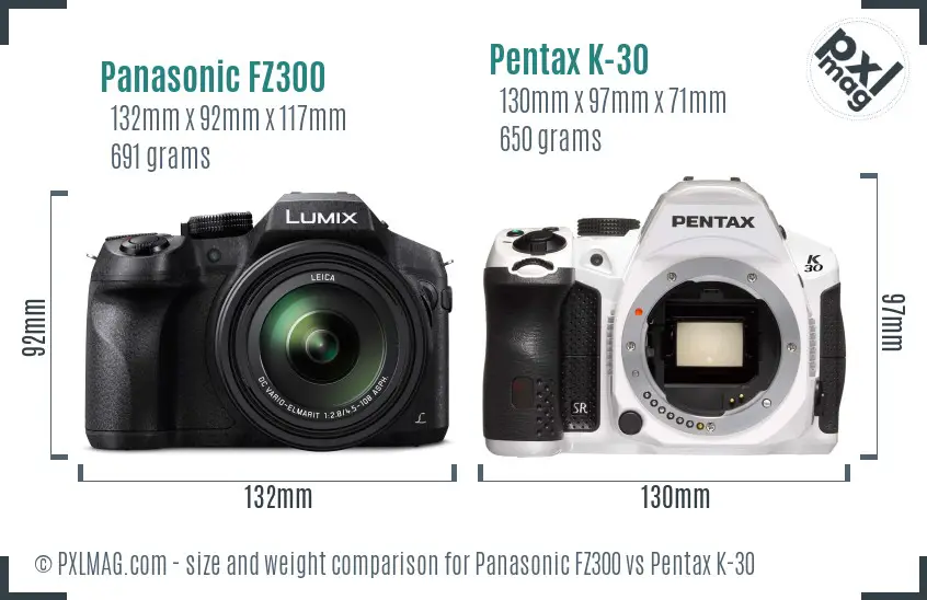Panasonic FZ300 vs Pentax K-30 size comparison