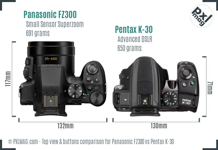 Panasonic FZ300 vs Pentax K-30 top view buttons comparison