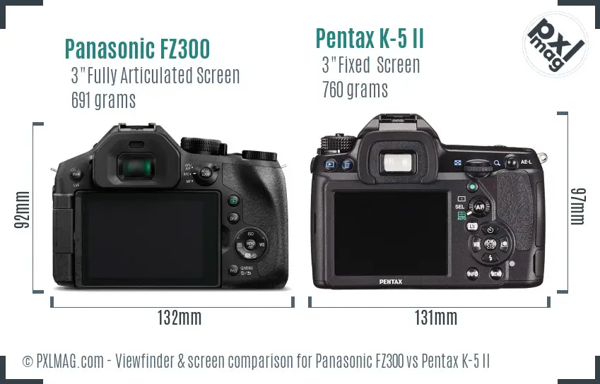 Panasonic FZ300 vs Pentax K-5 II Screen and Viewfinder comparison