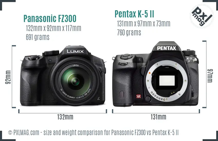 Panasonic FZ300 vs Pentax K-5 II size comparison