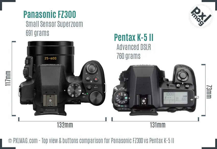Panasonic FZ300 vs Pentax K-5 II top view buttons comparison