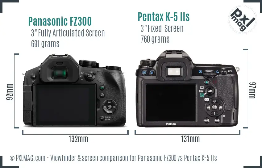 Panasonic FZ300 vs Pentax K-5 IIs Screen and Viewfinder comparison
