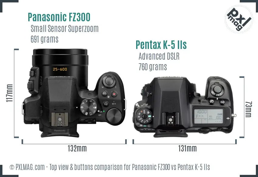 Panasonic FZ300 vs Pentax K-5 IIs top view buttons comparison