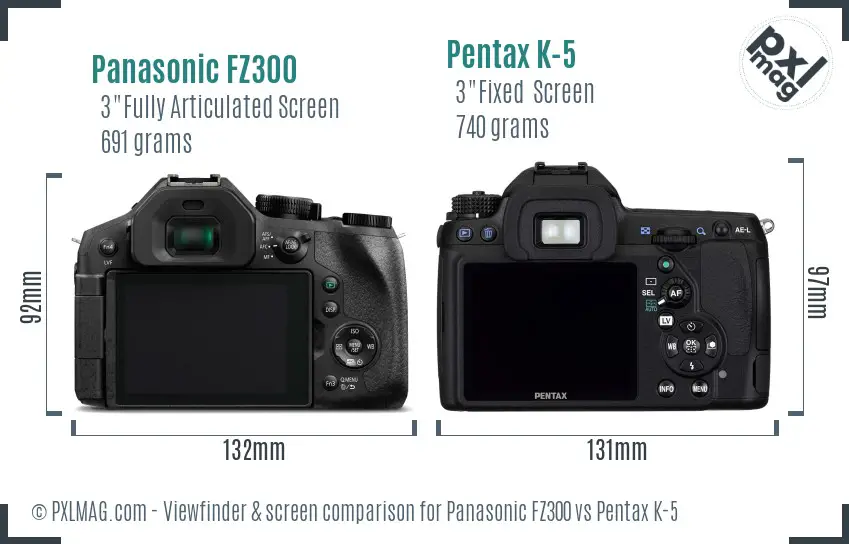Panasonic FZ300 vs Pentax K-5 Screen and Viewfinder comparison