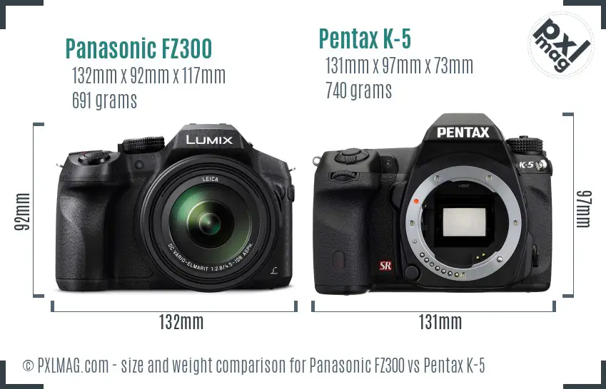Panasonic FZ300 vs Pentax K-5 size comparison