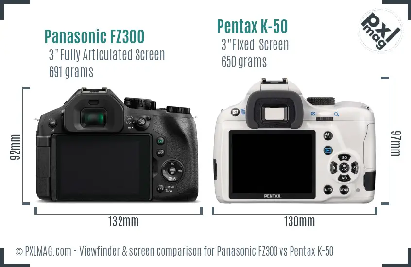Panasonic FZ300 vs Pentax K-50 Screen and Viewfinder comparison