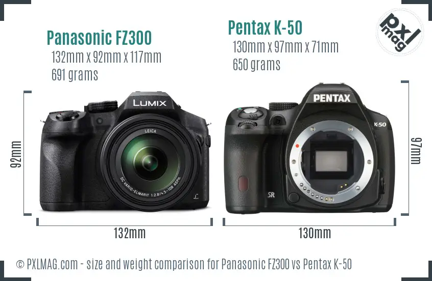 Panasonic FZ300 vs Pentax K-50 size comparison