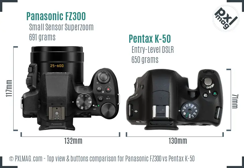 Panasonic FZ300 vs Pentax K-50 top view buttons comparison