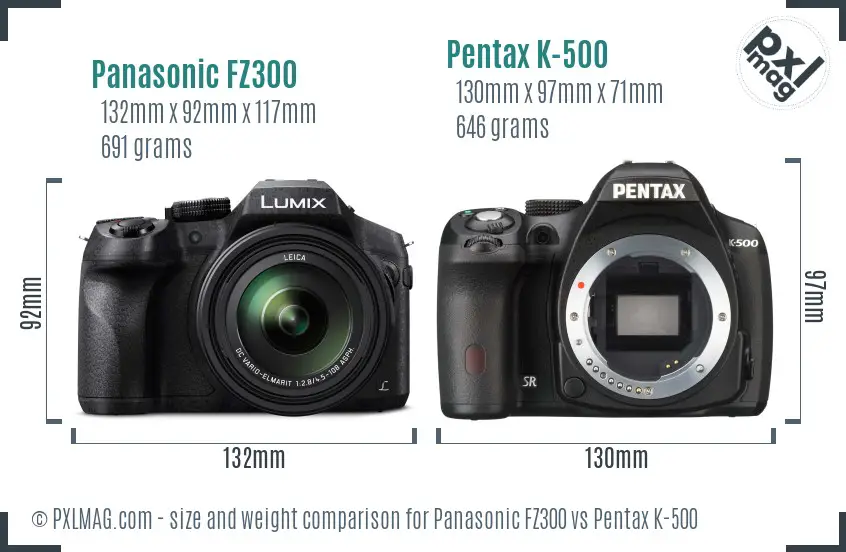 Panasonic FZ300 vs Pentax K-500 size comparison