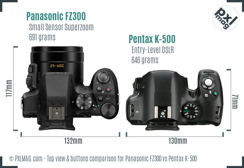 Panasonic FZ300 vs Pentax K-500 top view buttons comparison
