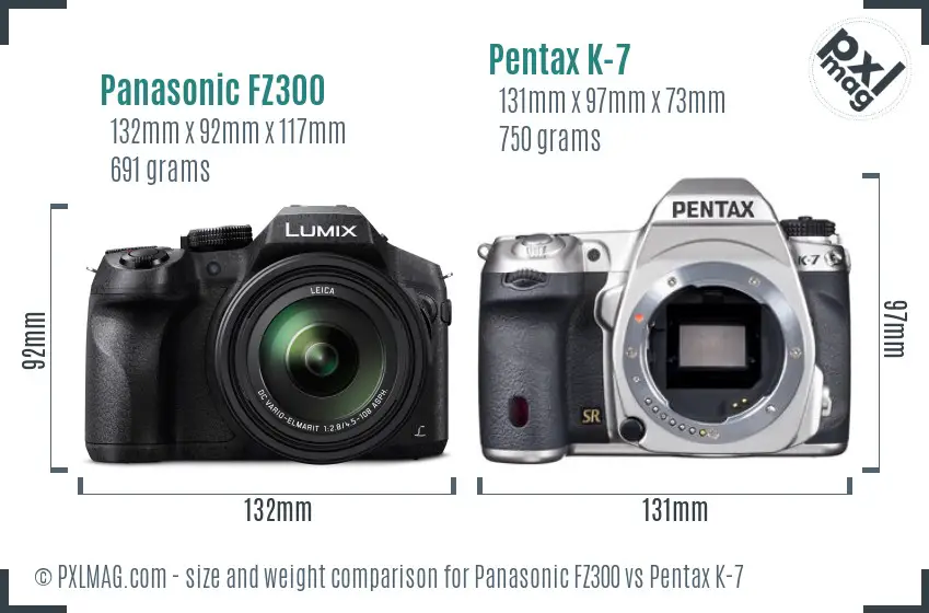 Panasonic FZ300 vs Pentax K-7 size comparison